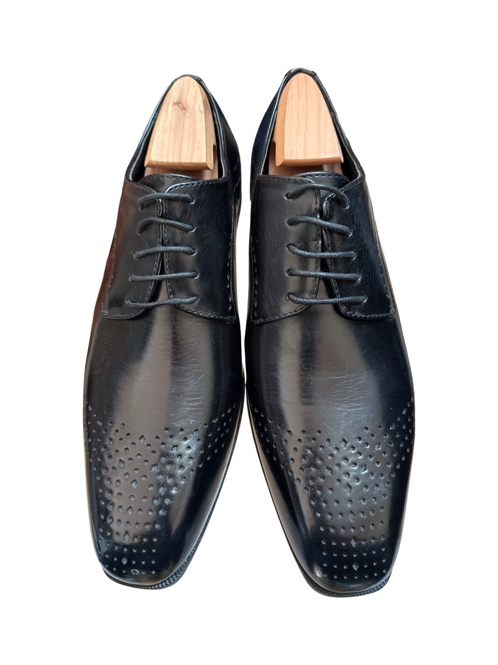 Men's Black Leather Derby Shoes with Perforated Toe